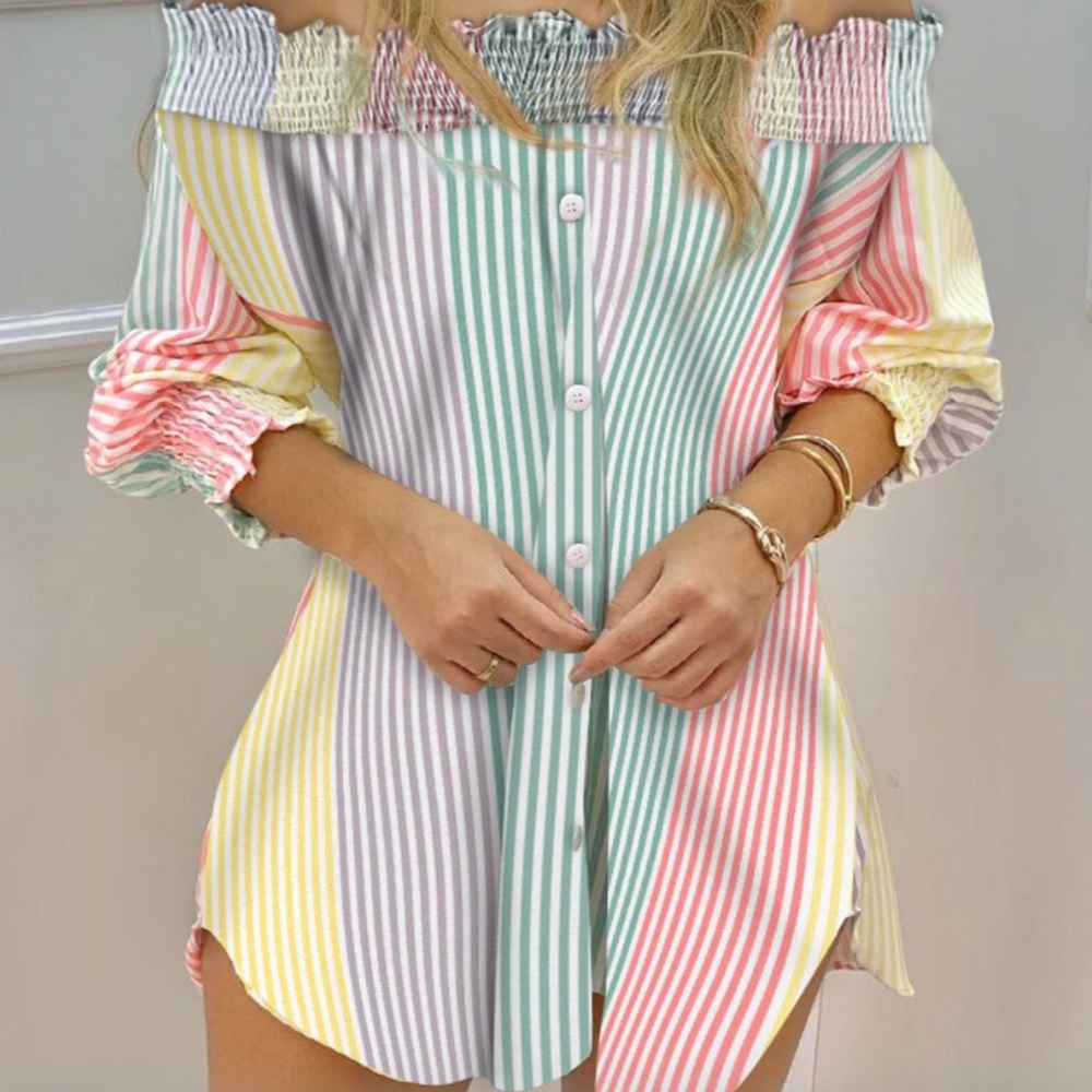 Off Shoulder Color Striped Button Shirt Dress